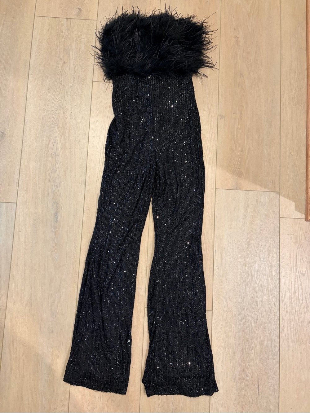 privy Black Sequin Wide-Leg Jumpsuit with Feather Trim